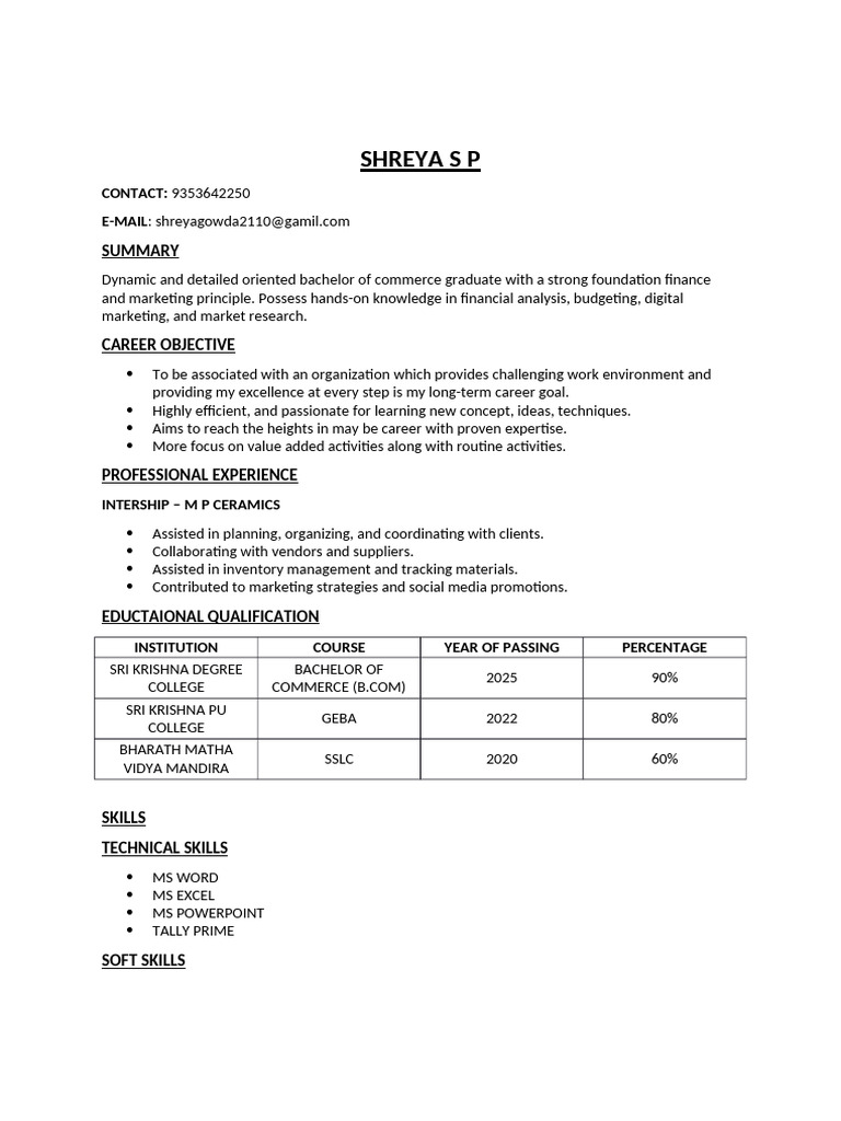Bachelor of Commerce Graduate Resume | PDF