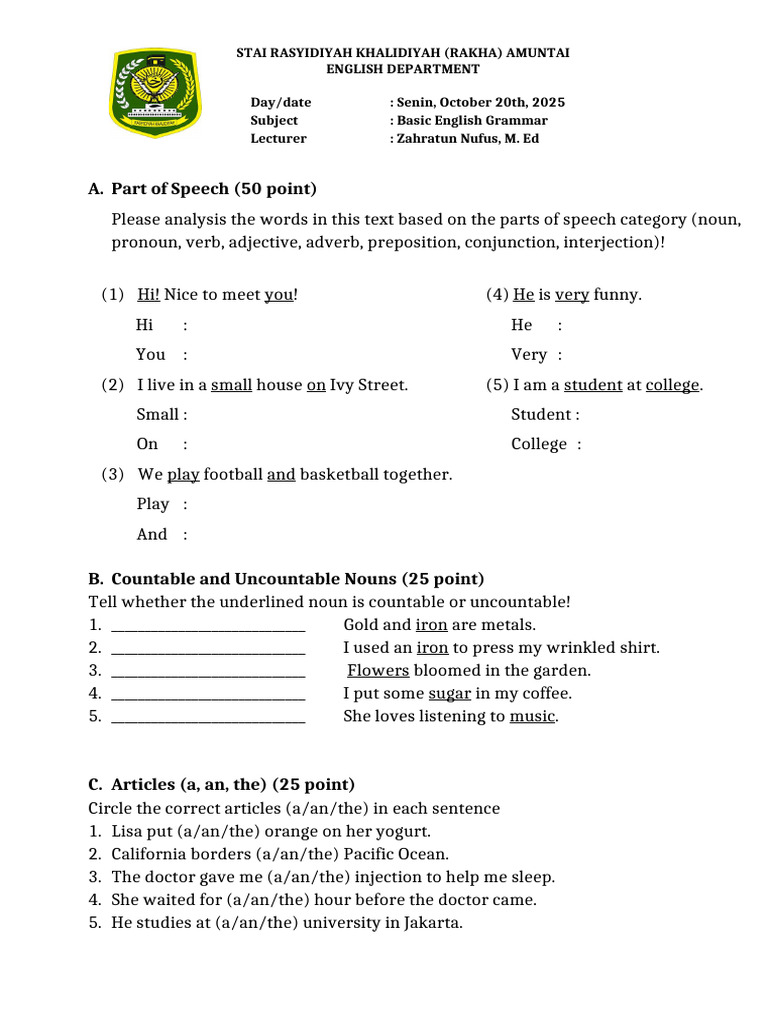 Basic English Grammar Exercises | PDF | English Grammar | Part Of Speech