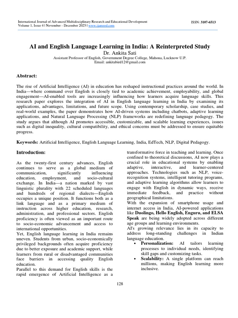 AI in English Learning: India's Perspective | PDF | Intelligence (AI ...