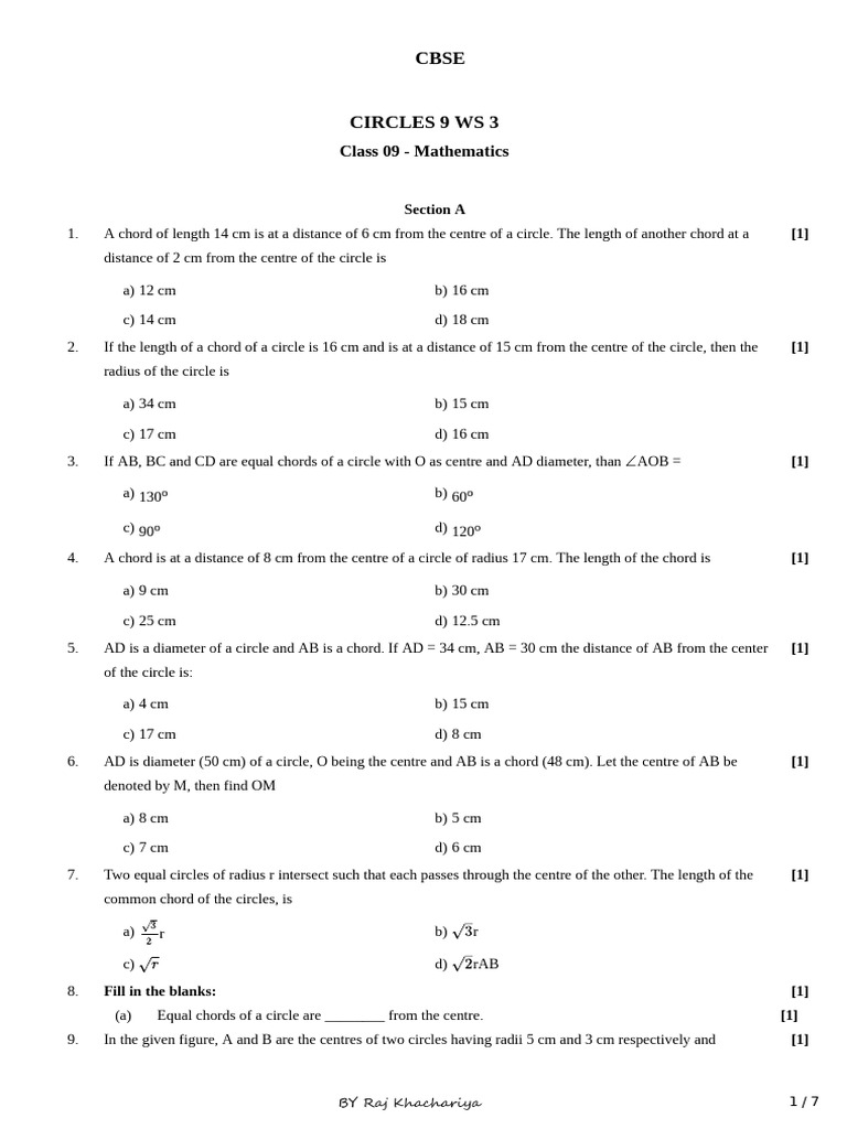 CBSE Class 9 Mathematics: Circle Chords | PDF | Circle | Perpendicular