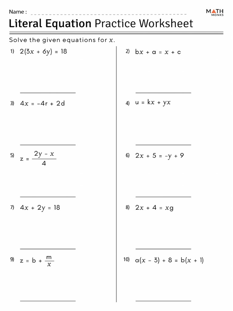 Literal Equations Practice Worksheet | PDF