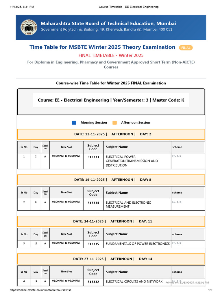 EE Winter 2025 Exam Timetable | PDF | Electrical Engineering | Electricity