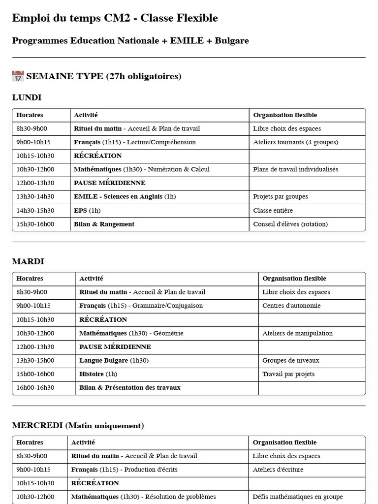 Emploi du Temps CM2 en Classe Flexible | PDF | Mathématiques
