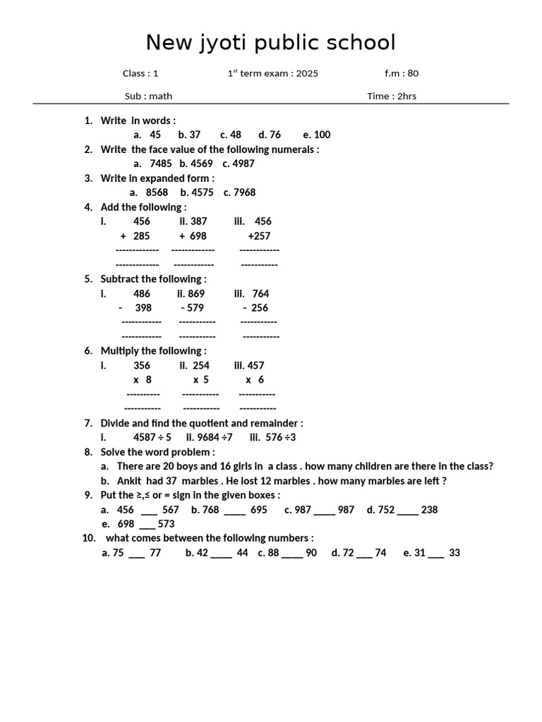 Class 1 Math Exam Paper 2025 | PDF