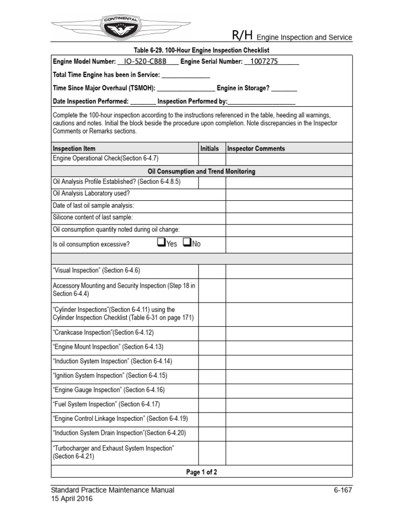 100-Hour Engine Inspection Checklist | PDF | Engines | Machines