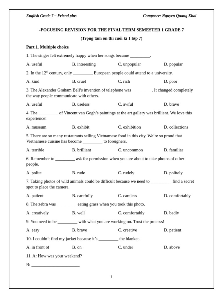 Grade 7 English Exam Revision Guide | PDF