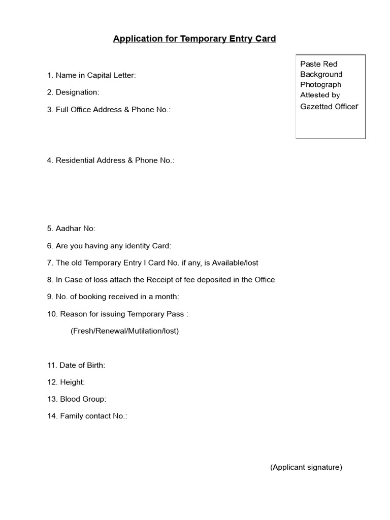 Application For Temporary Entry Card | PDF