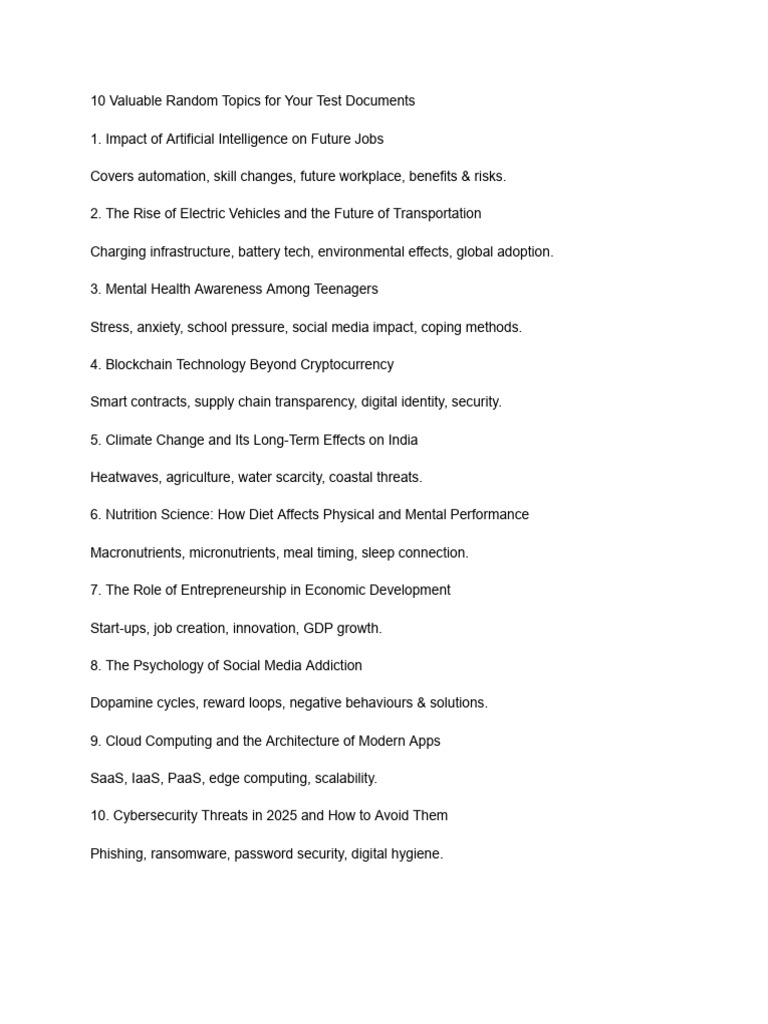 10 Engaging Topics for Test Documents | PDF
