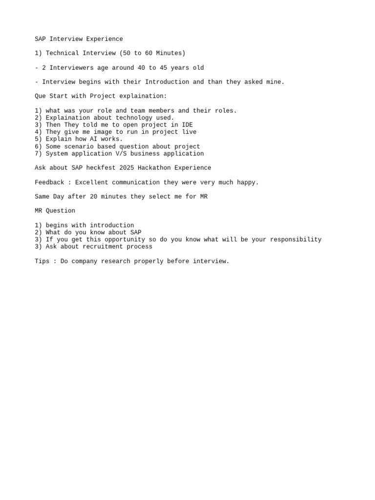 SAP Interview Experience and Tips | PDF