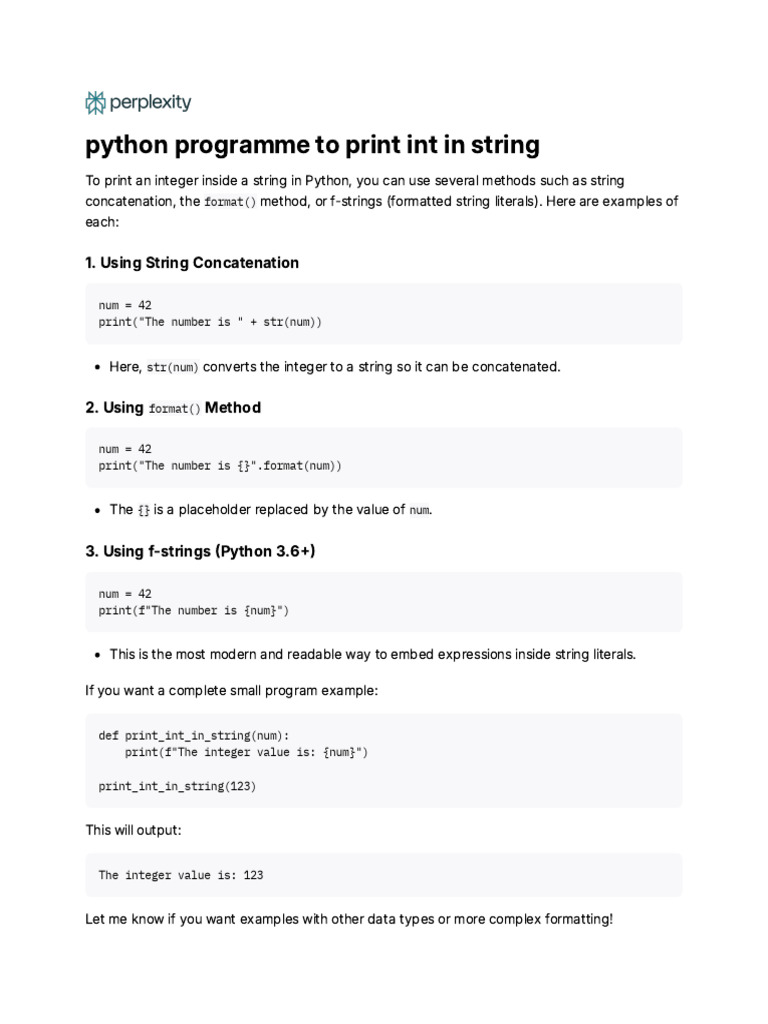 Python Programme to Print Int in String | PDF