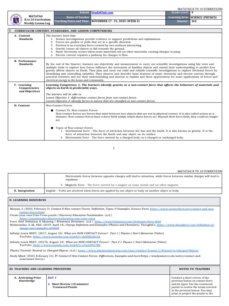 DLL Matatag - Science 5 q3 w3 | PDF | Force | Friction