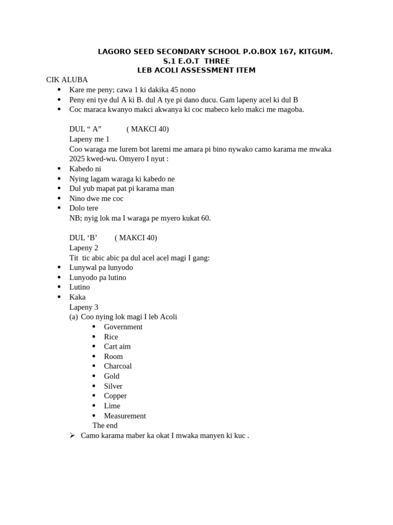 Acoli Assessment for S.1 Students | PDF