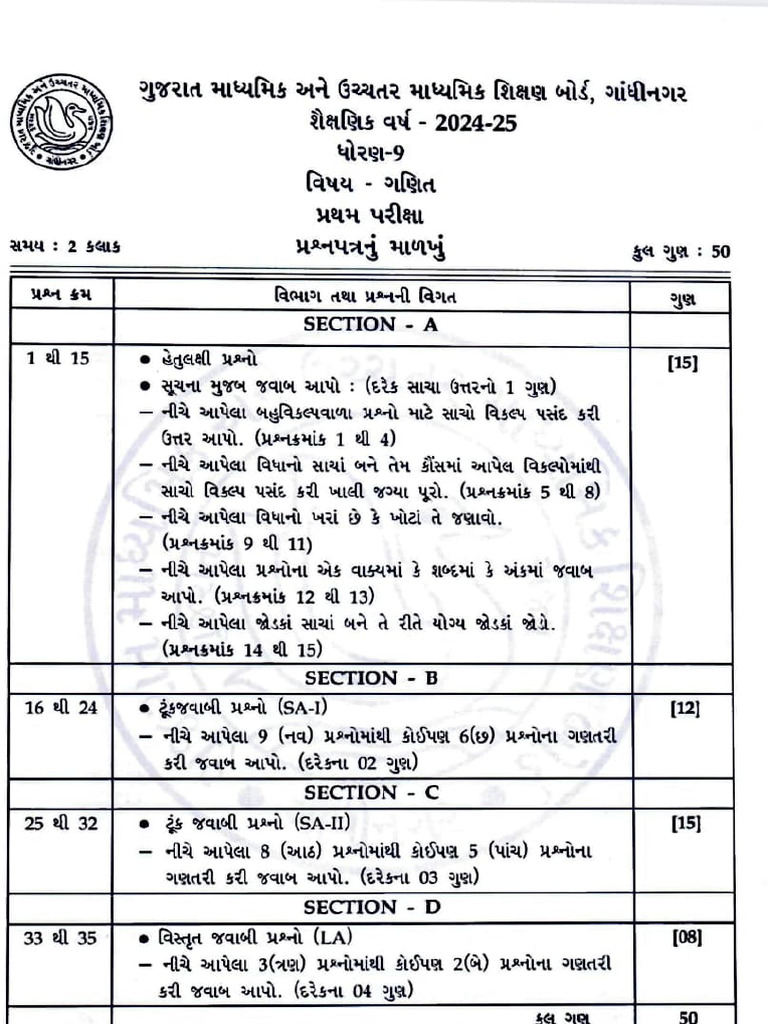 1st Term Exam Paper Style - Std-9 - 2025 | PDF