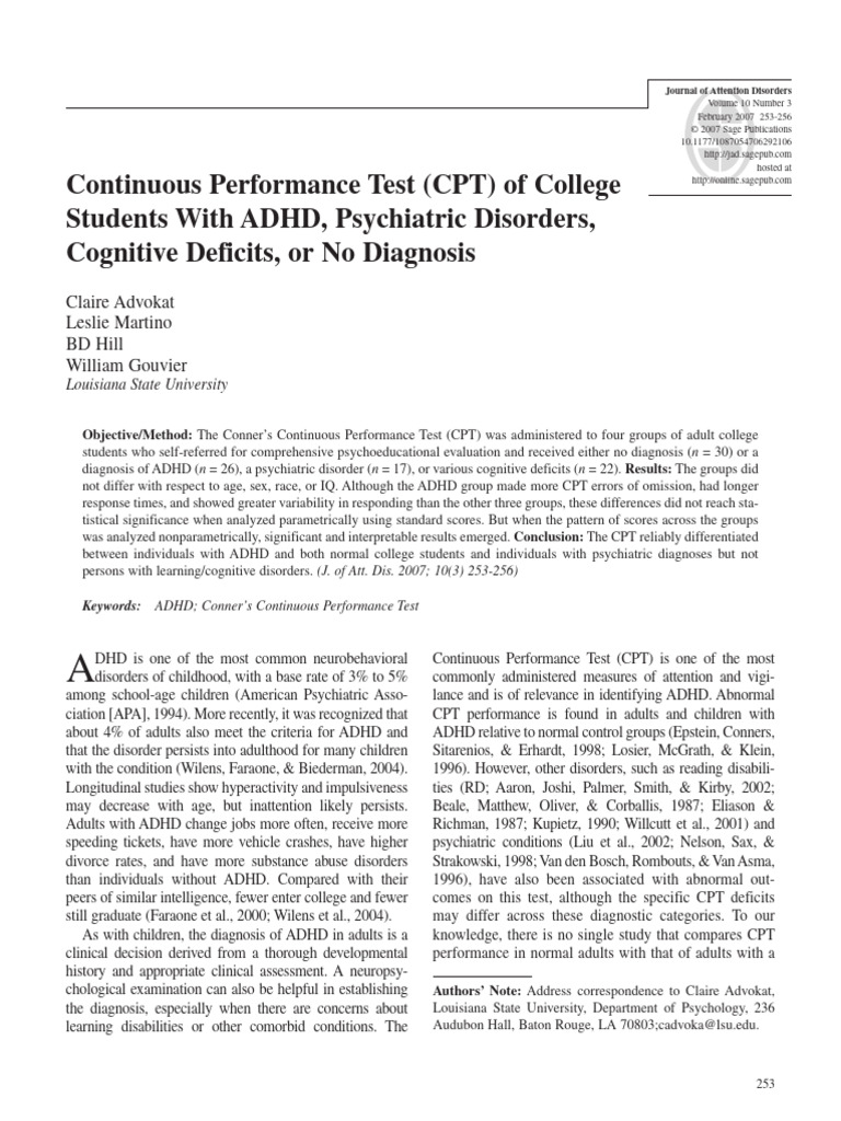 CPT Performance in College Students with ADHD | PDF | Attention Deficit ...