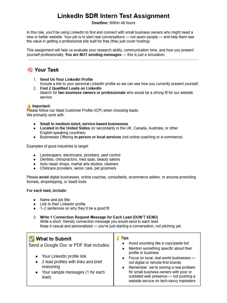 LinkedIn SDR Intern Assignment Guide | PDF | Linked In | Communication