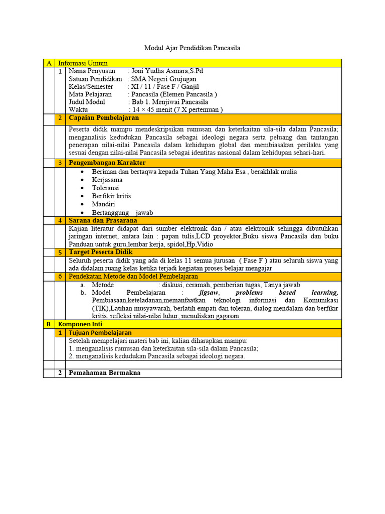 Modul Ajar Pancasila Kelas XI SMA | PDF