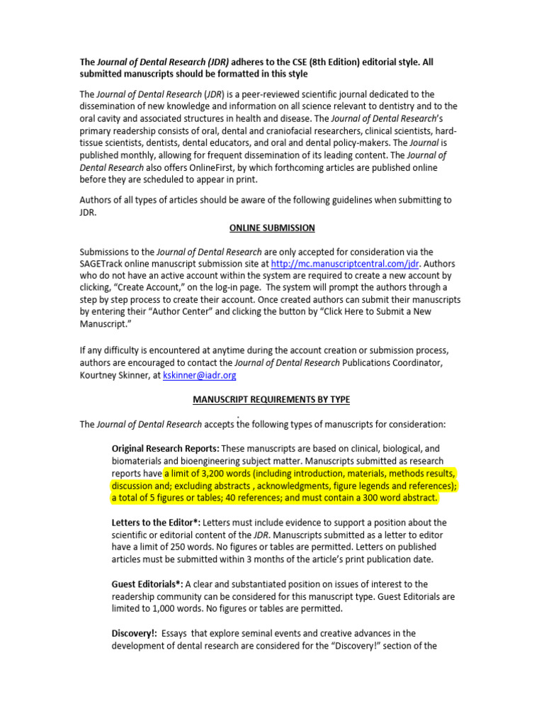 JDR Manuscript Submission Guidelines | PDF | Dentistry