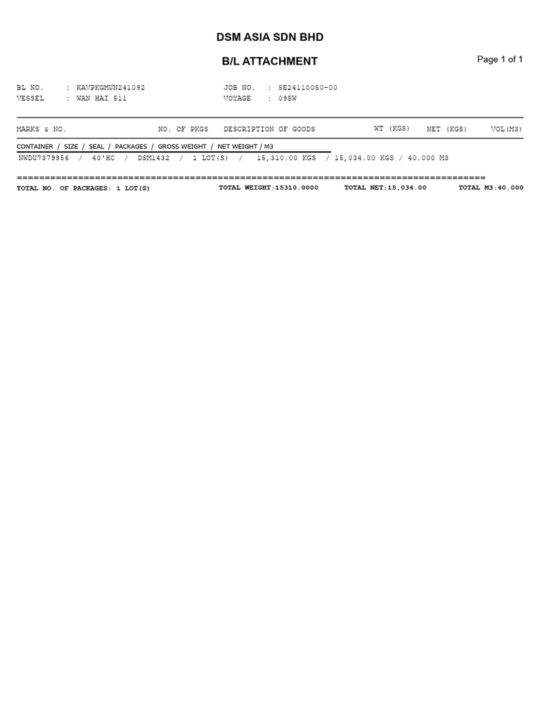 DSM Asia Shipping Document Summary | PDF