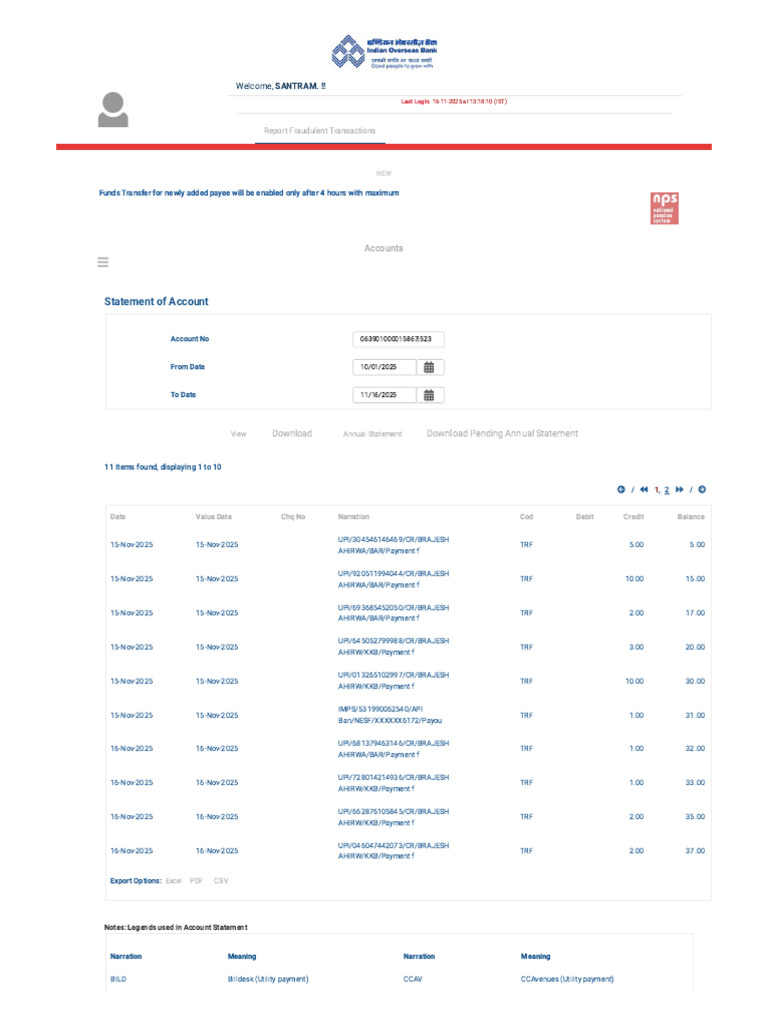 IOB NetBanking 01-10-2025 - 16-11-2025 | PDF | Payments | Banking