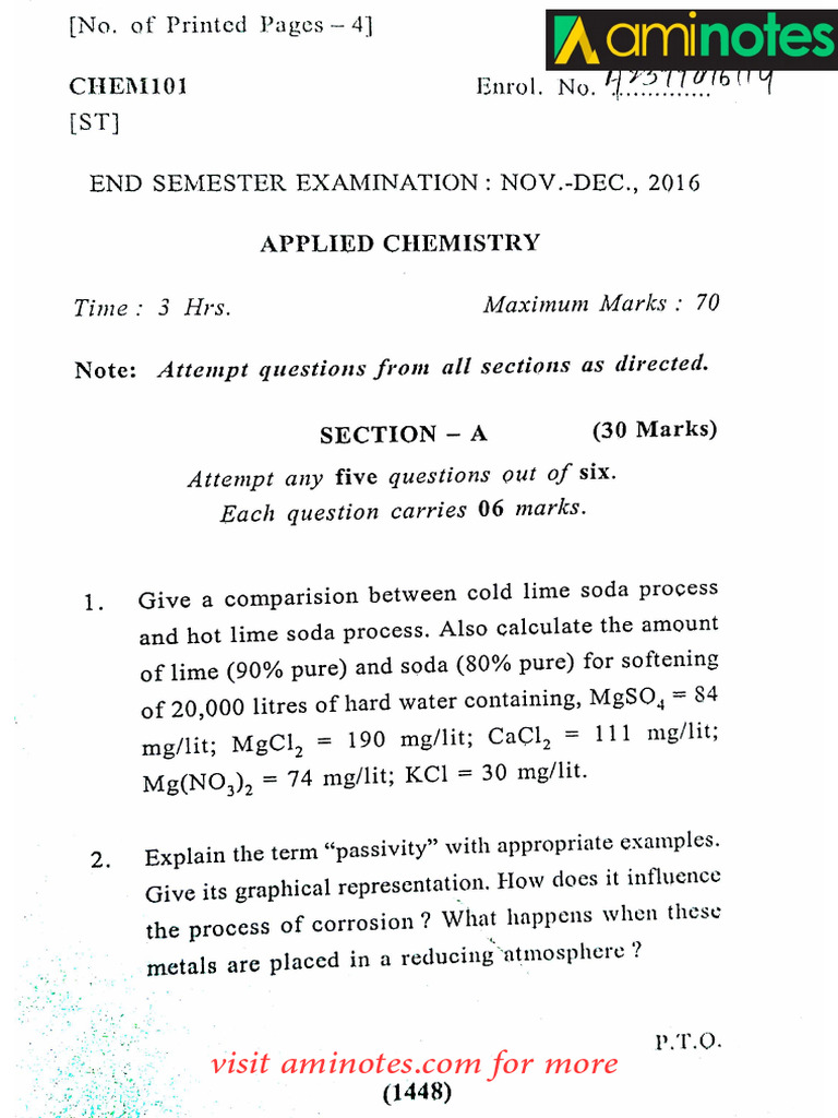 Applied Chem. CHEM101-QPaper-2016 | PDF