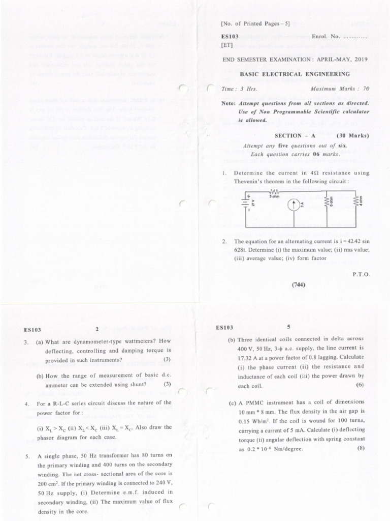 Basic Electrical Engineering, ES103 (ET), April-May 2019 | PDF