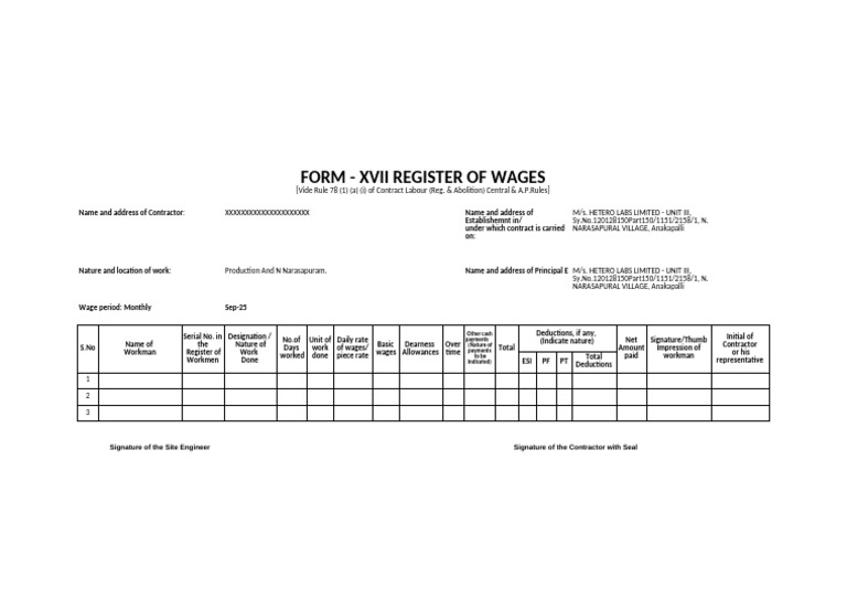 Monthly Wage Register for Contractors | PDF | Expense | Government Finances