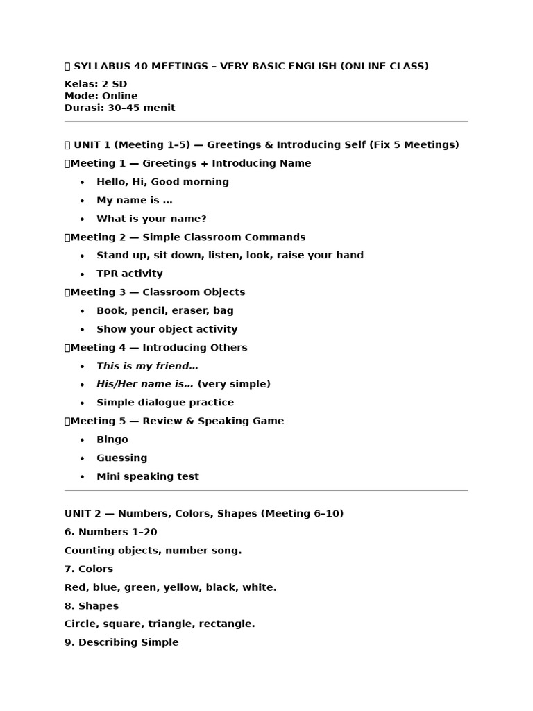 Basic English Online Class Syllabus | PDF | Linguistics