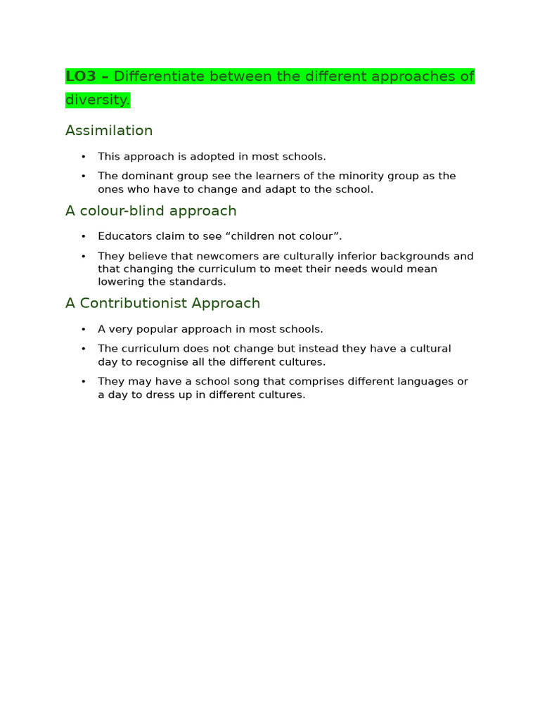 5 - LU1 LO4 Differentiate Between The Different Approaches To Diversity ...
