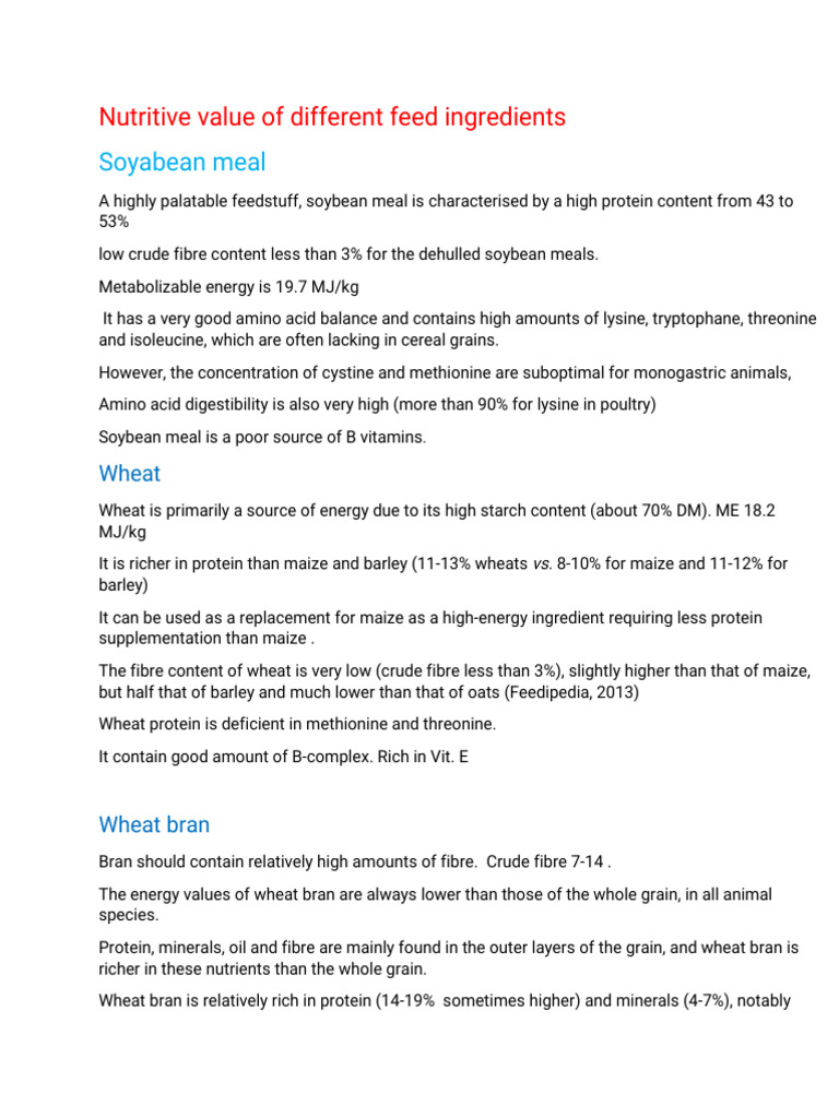 Nutritive Value of Feed Ingredients | PDF