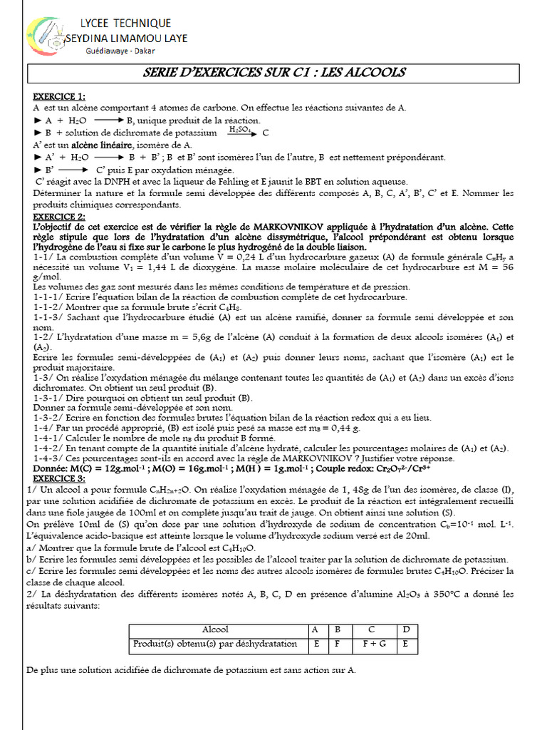 Exercices sur les alcools et réactions chimiques | PDF | Alcène ...