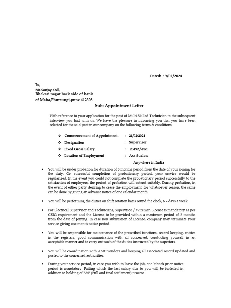 Multi Skilled Technician Appointment Letter | PDF | Employment | Salary