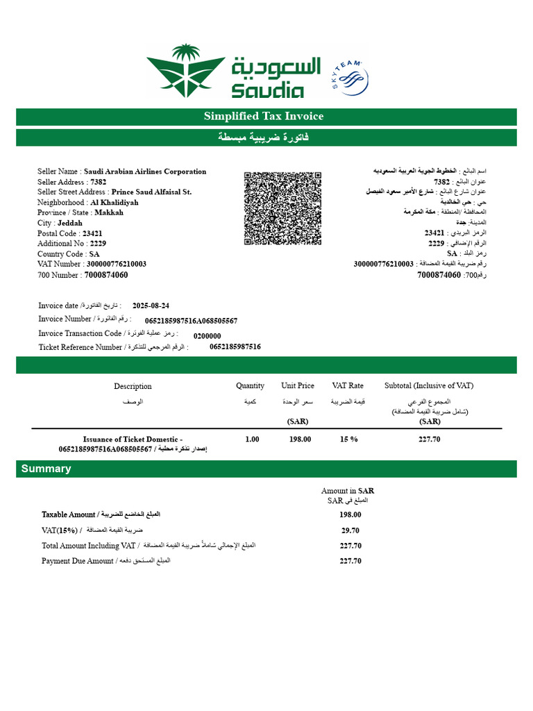 Hussain Ali Saudi Airlines Ticket | PDF