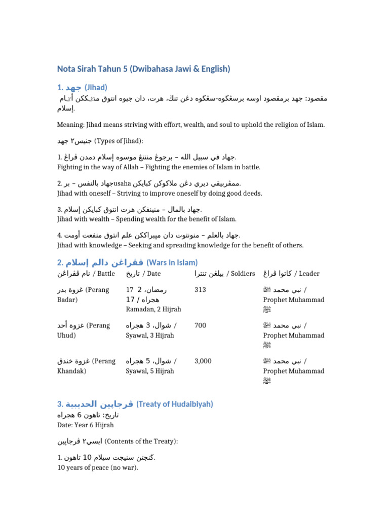 Nota Sirah Tahun5 Jawi English | PDF