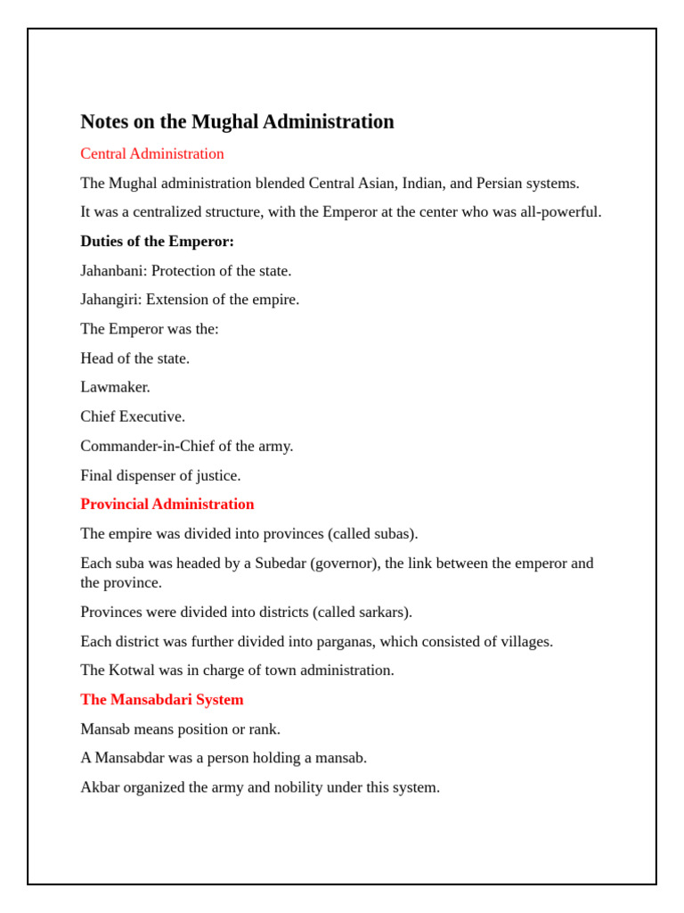 Notes - Mughal Administration | PDF
