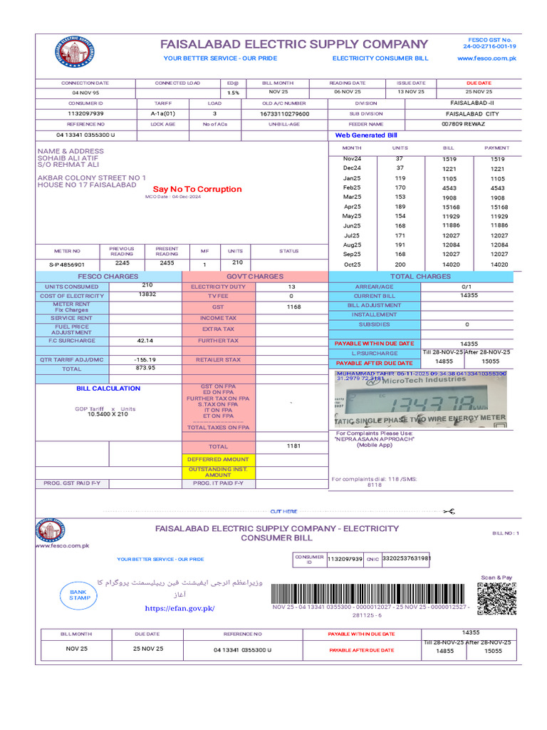 FESCO Electricity Consumer Bill Details | PDF | Taxes | Value Added Tax