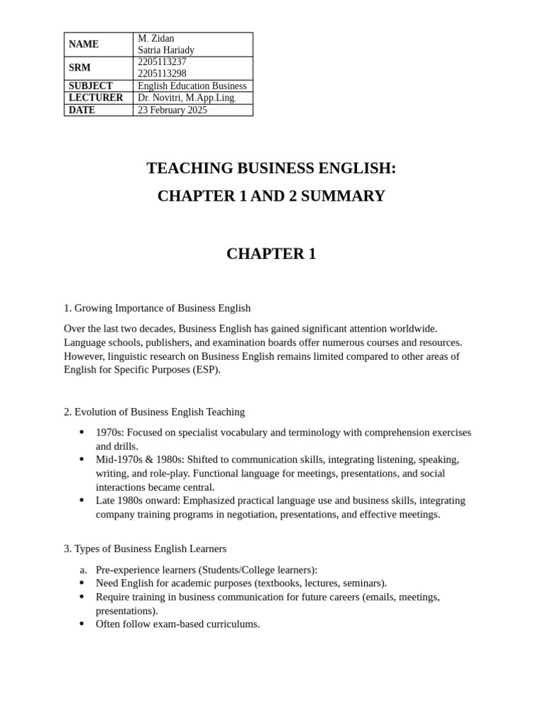 Business English Teaching Overview | PDF | Learning | English Language