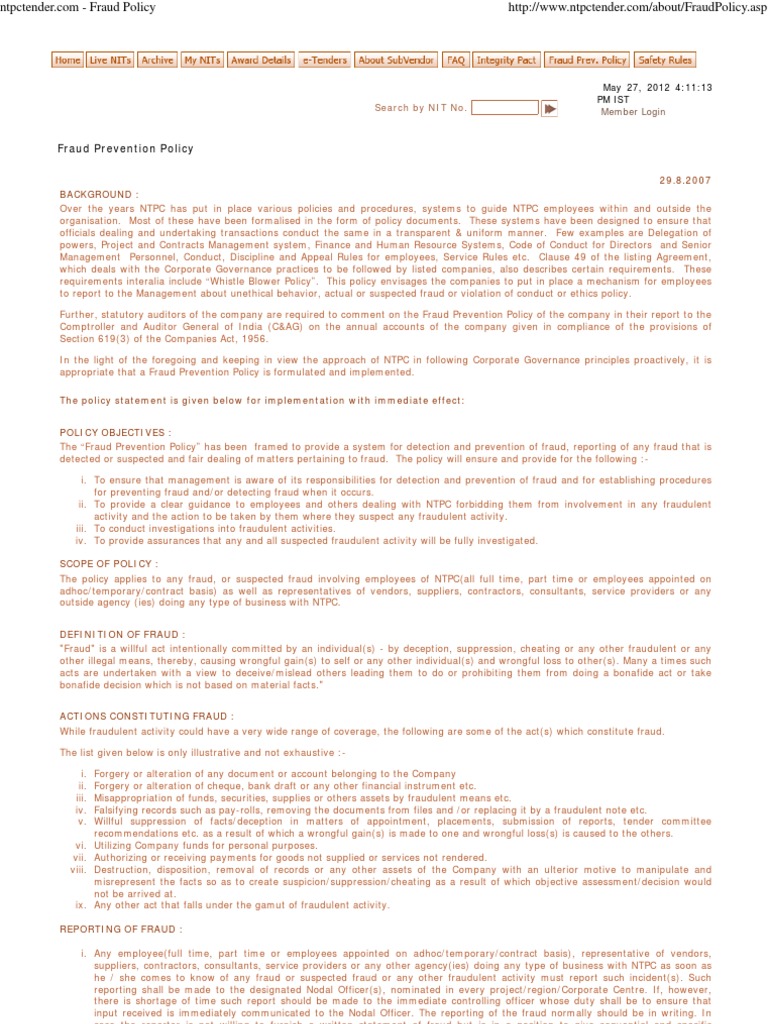 NTPC Fraud Prevention Policy Overview | PDF | Fraud | Policy