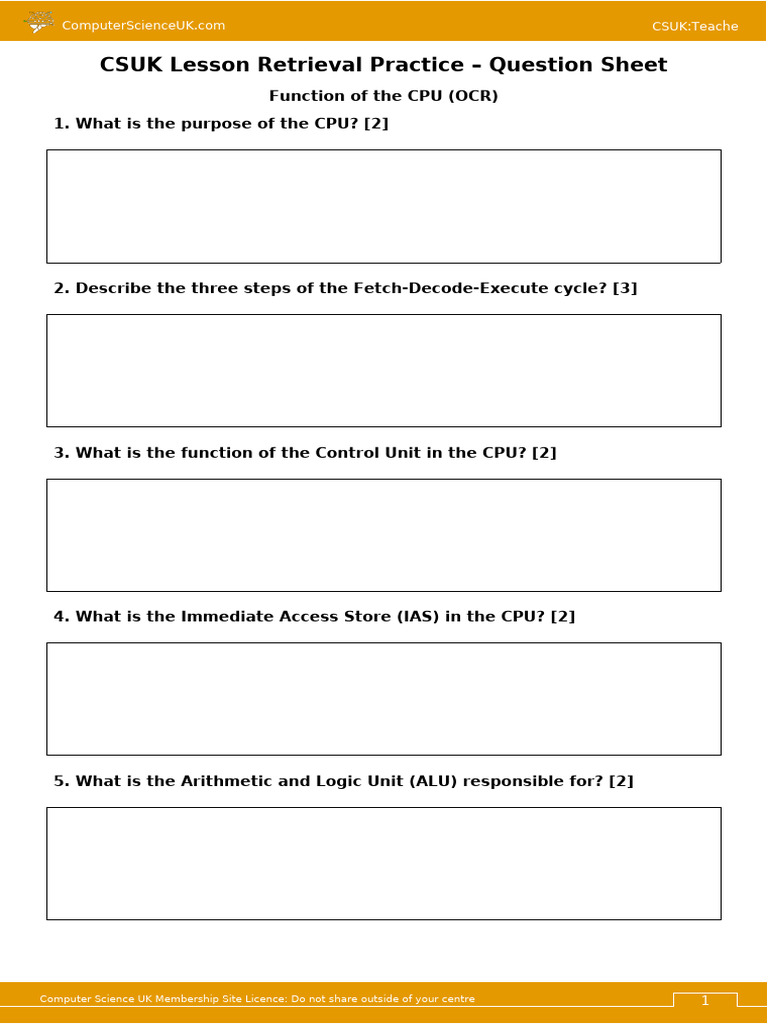 01 GCSE Lesson Retrieval Practice (Assessments) - Function of the CPU ...
