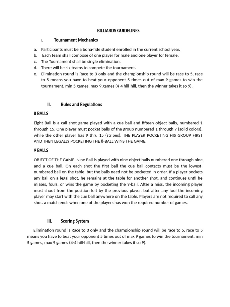 Billiards Tournament Guidelines & Rules | PDF