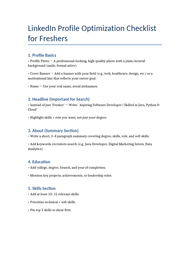 LinkedIn Optimization Guide for Freshers | PDF
