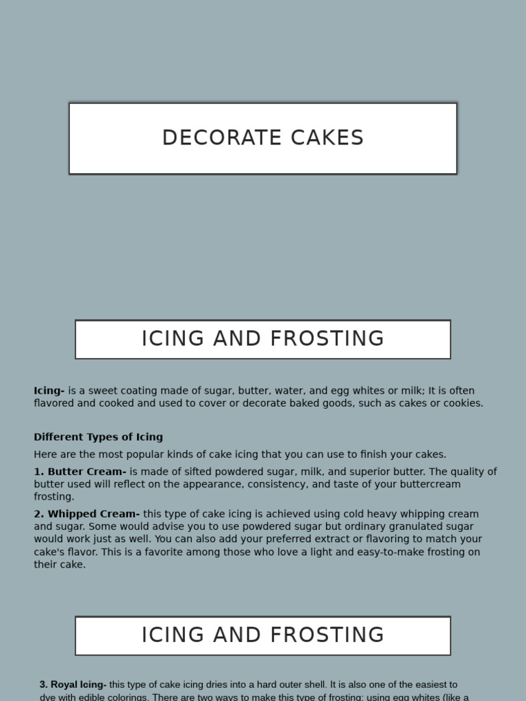 Types of Cake Icing and Frosting | PDF | Icing (Food) | Cakes
