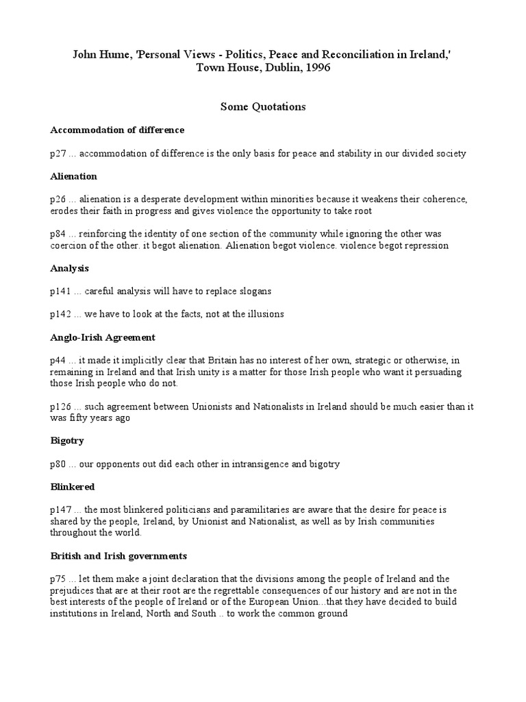 John Hume "Personal Views" 1996 Some Quotations PDF Unionism