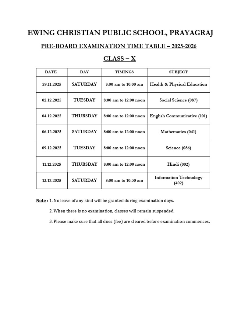 Ewing School Class X Exam Schedule 2025 | PDF