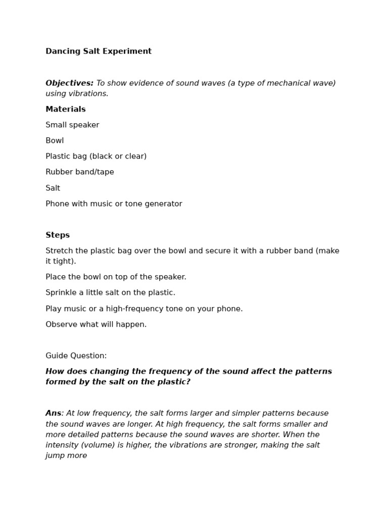 Sound Wave Patterns with Salt Experiment | PDF
