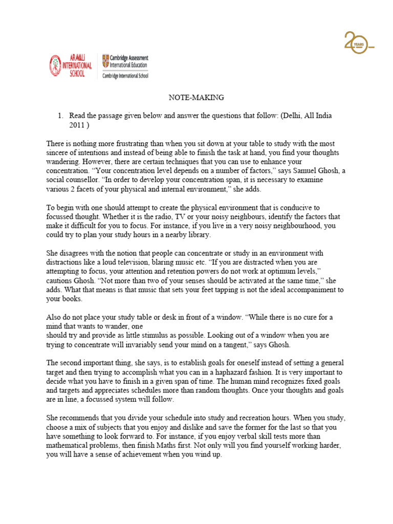Practice Question On Note Making | PDF | Thought | Psychological Concepts