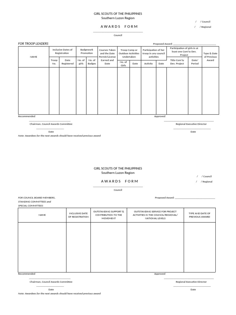 Girl Scouts Awards Form - Southern Luzon | PDF | Scouting | Youth Movements