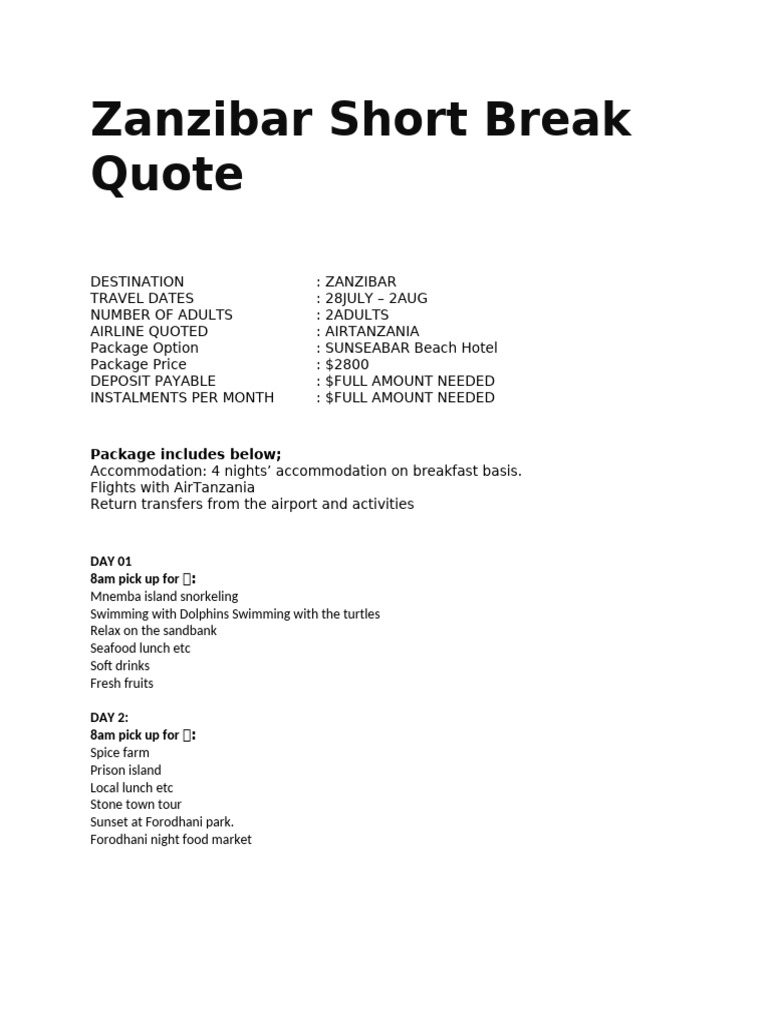 Zanzibar Short Break Package Deal | PDF