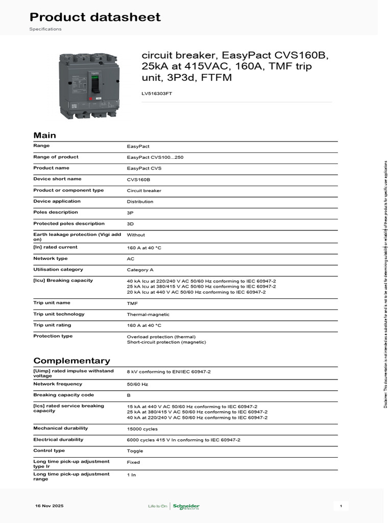 EasyPact CVS160B Circuit Breaker Specs | PDF | Alternating Current ...