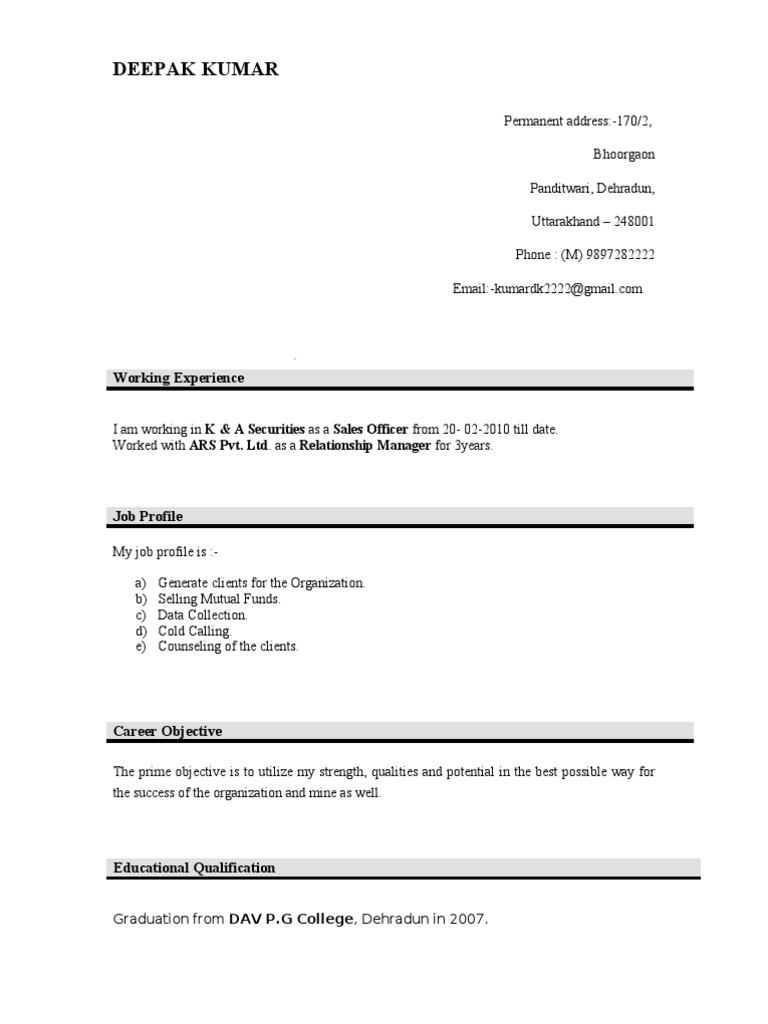 Deepak Kumar - Sales Officer Resume | PDF