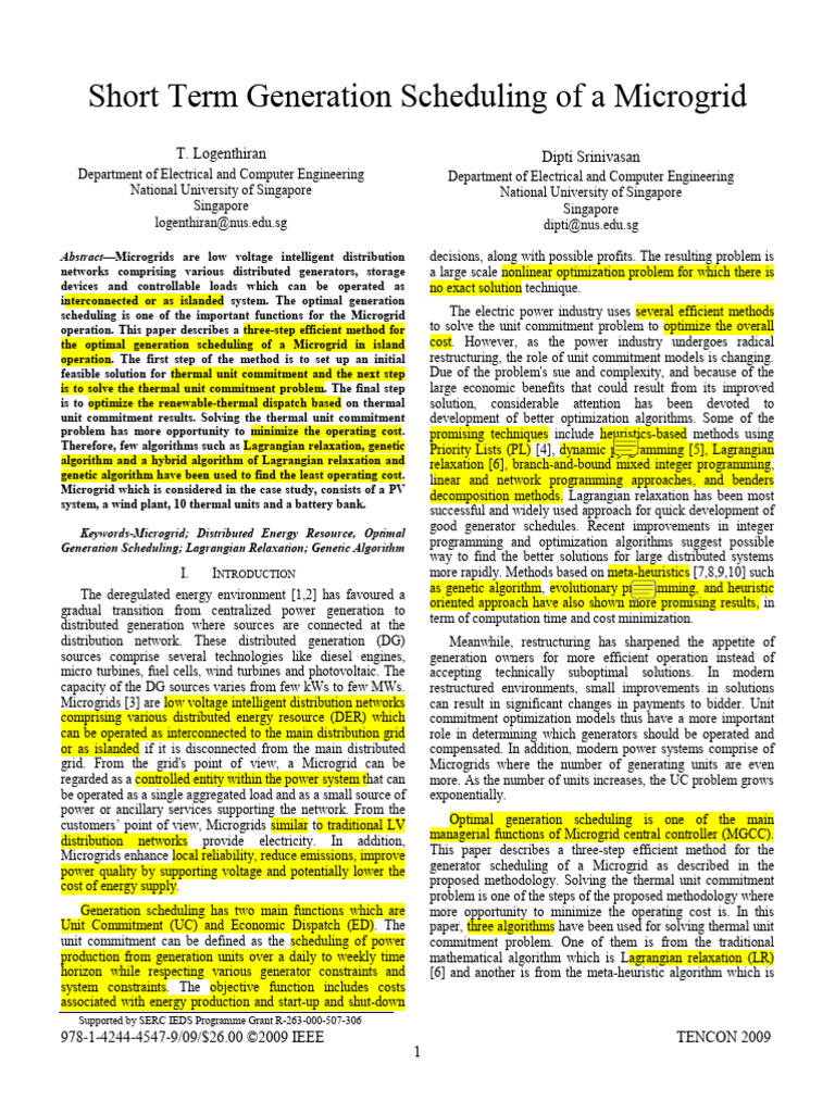 Optimal Microgrid Generation Scheduling | PDF | Distributed Generation ...